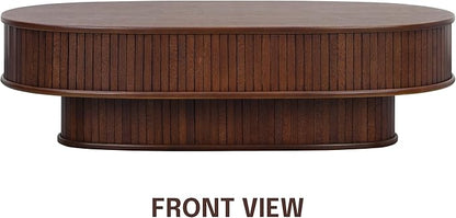 NTC Stream DOU Coffee Table, Modern Double-Layer Oval Wooden Center Table with Vertical Groove Design, Stylish Living Room Decor, Contemporary Minimalist Style, Easy Assembly - Dark Walnut