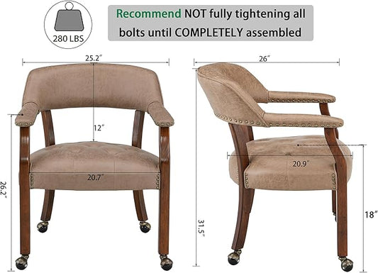LEEMTORIG Large Dining Chairs with Casters and Arms, Rolling Dining Chairs with Wheels, Solid Wood Office Desk Chairs, 26“Dx25.2 Wx31.5“H, Cherry Legs & Yellowish Brown Fabric SY-1533-LT