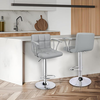 Bar Stools Set of 2,Armrest Adjustable Swivel Barstools with Back,Double Needle PU Leather Counter Height Bar Stools for Kitchen Island, Light Grey
