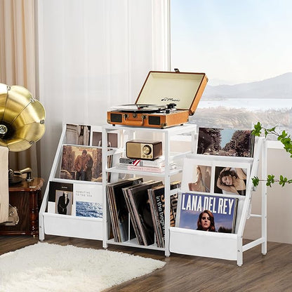 LELELINKY Record Player Table,Turntable Shelf with Vinyl Storage Up to 180 Albums,White Side Table with 3 Tier Magazine Periodical Book Rack,Wide Metal Record Holder Cabinet for Office, Music Room