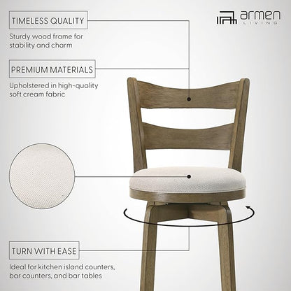 Armen Living Blair 30 in. Putty Brown Bar Height Rubberwood Swivel Barstool with Cream Fabric Seat