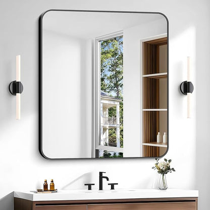 Bathroom Mirror, 40 x 36 inch Black Rectangle Wall Mirror, Metal Frame Rectangular Vanity Mirror, Rounded Corner Wall Mounted Mirror for Modern Bedroom Living Room Hangs Horizontal/Vertical