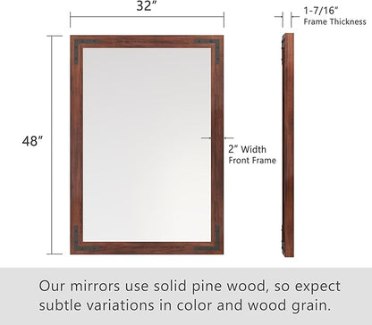 VocalStar Rustic Wood Framed Mirror 48 x 32 Inch, Natural Dark Brown Wooden Rectangle Bathroom Vanity Wall Mirror for Farmhouse Boho Decor, 1/4-inch Shatterproof Glass | Waterproof
