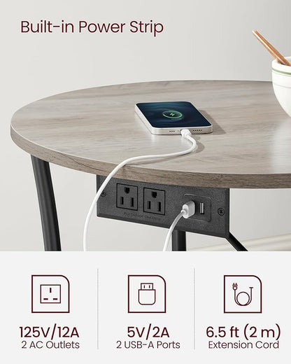 VASAGLE Side Table, 2-Tier Round End Table with Power Outlets, Nightstand with Steel Frame for Small Spaces, Living Room, Bedroom, Heather Greige and Ink Black ULET077L01