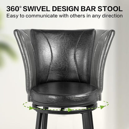 Bar Stools Set of 2, Counter Height Swivel Bar Chair with High Backrest, 24 inch Round Seat Barstools for Kitchen Island, Pub, Metal Base, Upholstered PU Leather Dining Chairs Black