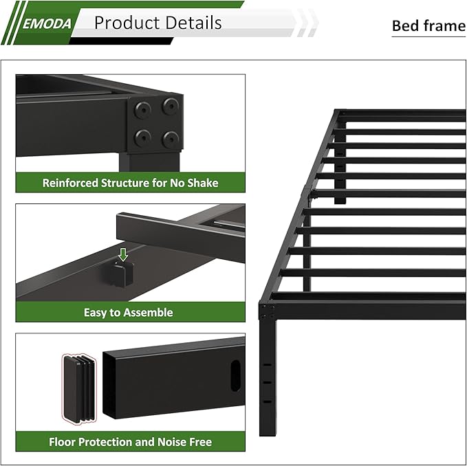 EMODA Queen Bed Frame No Box Spring Needed 14 Inch Heavy Duty Metal Platform BedFrame Queen Size with Steel Slats, Easy Assembly, Black