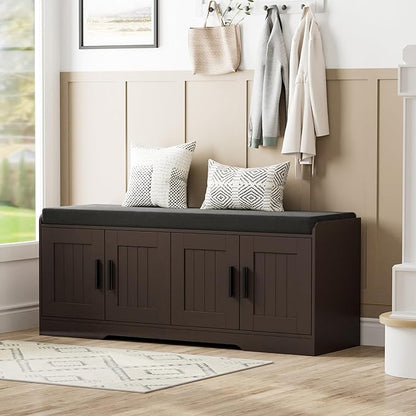 2-Tier Storage Bench, Shoe Bench with Thickened Padded Seat Cushion, Entryway Bench with 4 Doors, Adjustable Shelf, 13.8" D x 45.3" W x 18.5" H, for Entryway, Living Room, Bedroom, Brown