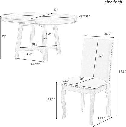 Merax 5-Piece Farmhouse Dining Furniture Set, Wooden Round Extendable Table, and 4 Upholstered Chairs, Antique White