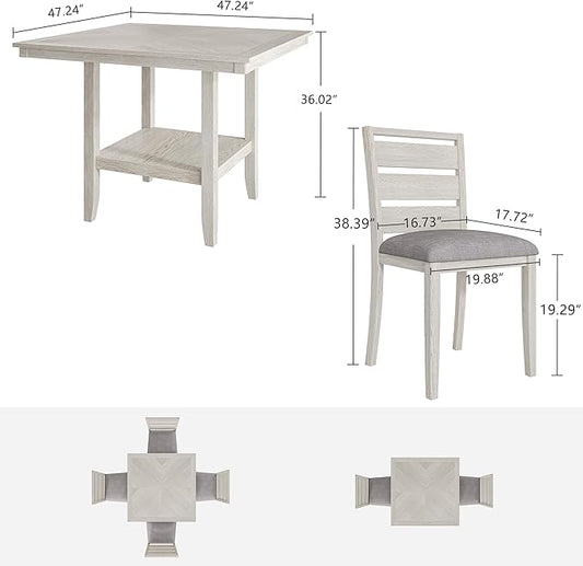 5-Piece Solid Wood Dining Table Set for 4, Modern Breakfast Dinette Kitchen Table with Bench & Chairs for Dining Room, Kitchen, Grey