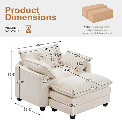 Furniliving Oversized Accent Chair with Ottoman, Luxury Corduroy Single Sofa, Upholstered Deep Seat Chaise Lounge with Pillows for Living Room, Bedroom, Apartment, Beige