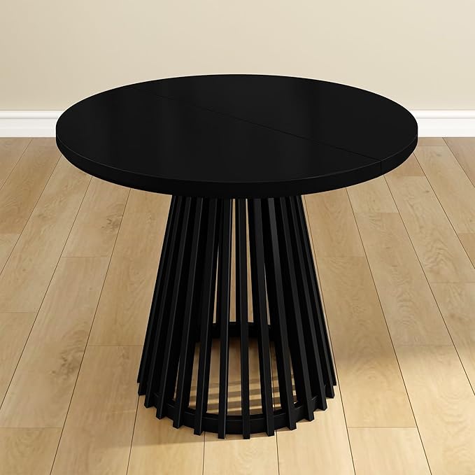 Plank+Beam Lido Round Dining Table, 38", Wooden, Pedestal, Minimalist Kitchen Table for 4 for Dining Room, Black