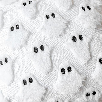 4TH Emotion Halloween Ghost Decorative Pillow Covers 20x20 Set of 2, White Soft Plush Faux Fur Farmhouse Throw Cushion Cases for Fall Autumn Holiday Home Decorations