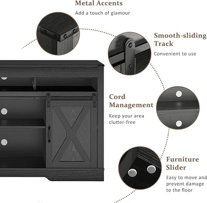 RoyalCraft Farmhouse TV Stand with Sliding Barn Door for TVs up to 65+ Inch, 34" Tall Entertainment Center, Wood Media Console Storage Cabinet for Bedroom, Living Room, Black