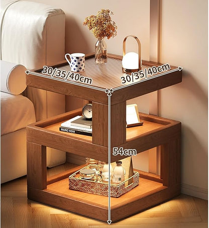 Solid Wood Nightstand,End Tables Bedroom Small Shelf Modern Nightstand Wood Side Table (GLASS-21.3 * 17.7 * 17.7)