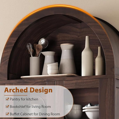 Kitchen Pantry Cabinet, Arched Bookshelf Bookcase China Pantry Storage Cabinet with Drawers Doors and Shelves,71“ Tall Food Pantry Funiture for Living Room,Dining Room (Brown)