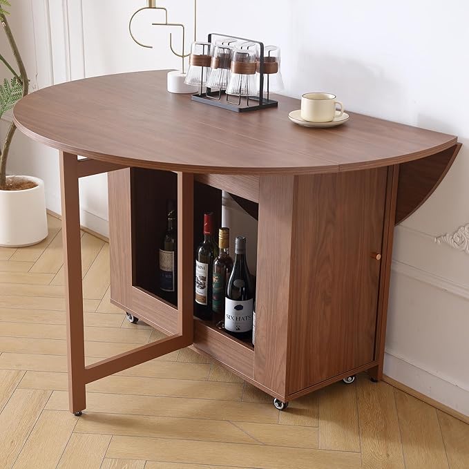 Walnut Round Folding Dining Table with 2 Chairs, Walnut Solid Wood Folding Chair Set of 2, Space Saving Foldable Dining Table with 2 Chairs