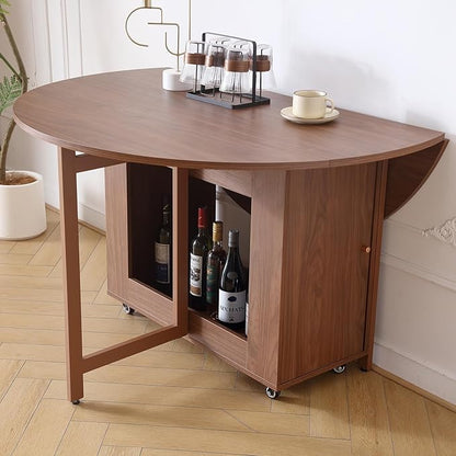 Walnut Round Folding Dining Table with 6 Chairs, Walnut Solid Wood Folding Chair Set of 2, Space Saving Foldable Dining Table with 6 Chairs