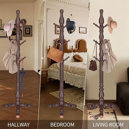 Wooden Coat Rack Stand, Vintage Wood Coat Rack Freestanding with Sturdy Triangle Base,Classic Coat Racks with 9 Hooks, Natural Birch Wood Entryway Coat Hall Tree Hanger Stand