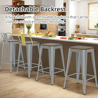 Silver Bar Stools Set of 4, Metal Bar Stools with Wooden Seat, Modern 26”Counter Height Barstools with Low Back