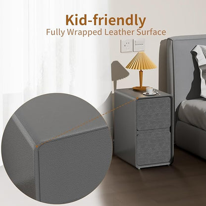 VICITON Modern Narrow Faux Leather Nightstand, Solid Wood Drawer, Storage Accent Table, Small Side End Table for Bedroom (Gray, Nomal(12 inch))