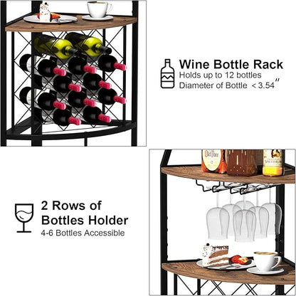 5-Tier Corner Wine Rack with LED Light Floor Standing Wine Rack with Glass Holder and Bottles Wine Storage Home Bar Furniture for Kitchen Living Dining Room (Rustic Brown)