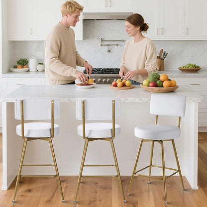Gold White Bar Stools Set of 2, Modern Counter Height Bar Stools, 25" Upholstered Swivel Round Barstools with Back Bar Chair Island Stool for Kitchen Counter, White Gold