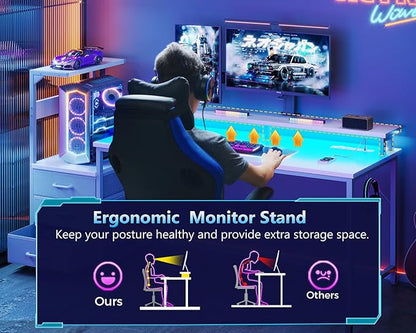 AODK 52 Inch Gaming Desk with USB Charging Ports & LED Light- Reversible Computer Desk with Storage Shelves & Monitor Stand, Modern Gamer Desk Table with Fabric Drawers & Side Hook, Carbon Fiber White
