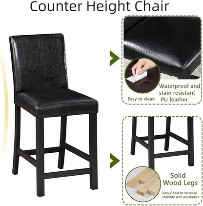 Dining Table Set for 4, 5-Piece Dining Room Table Set with Square Crystal Decoration Table & 4 Upholstered Backrest Chairs, Counter Height Kitchen Sets with Wood Grain & Footrest, Black