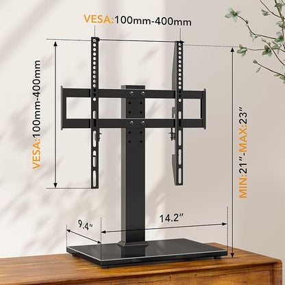 Universal TV Stand - Table Top TV Stand for 27-60 inch LCD LED TVs - 6 Level Height Adjustable TV Base Stand with Tempered Glass Base & Wire Management, VESA 400x400mm