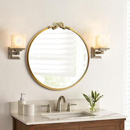 Vintage Gold Round Mirror Decorative Bathroom Vanity Mirrors 27.5inch Antique Metal Ornate Circle Wall Mirror, Baroque Bow Decor for Home Dressing Table,Bedroom,Living Room,Hallway