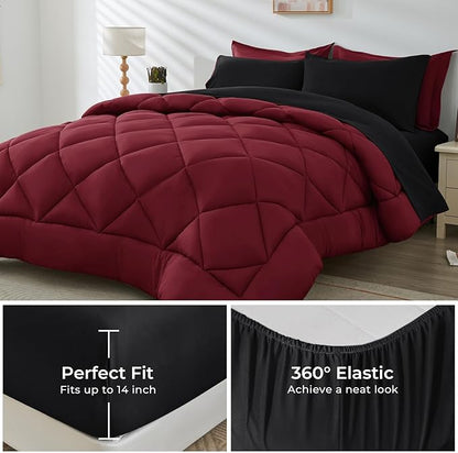 HEVUMYI Red & Black Cali-King Comforter Set - 7-Piece All Season Bed in a Bag Cali-King, Ultra Soft Burgundy Bedding Set with Comforter, Flat Sheet, Fitted Sheet, Pillowcases, Pillow Shams, Burgundy