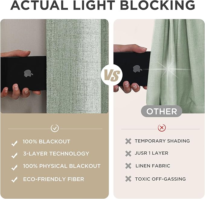 Joydeco 100% Blackout Curtains for Bedroom - Natural Linen Curtains 70" W x 108" L Long, Thermal Insulated 1 Panels Sage Green Light Blocking Drapes, Rod Pocket & Back Tabs for Living Room