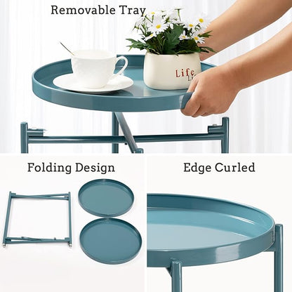 TeoKJ 2 Tier Round Side Table, Folding Round Metal End Table Small Nightstand with Two Removable Tray for Bedroom Living Room Bedside Small Spaces Blue Gray
