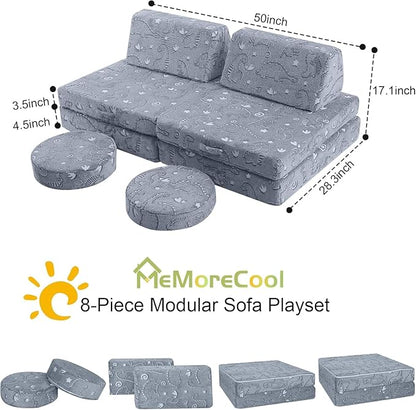MeMoreCool 8-Piece Kids Modular Play Couch — Glow-in-The-Dark Dinosaur Foam Sofa Set for Toddlers, Convertible Fort Building Furniture with Washable Covers, Playroom Climbing & Creative Play Sofa