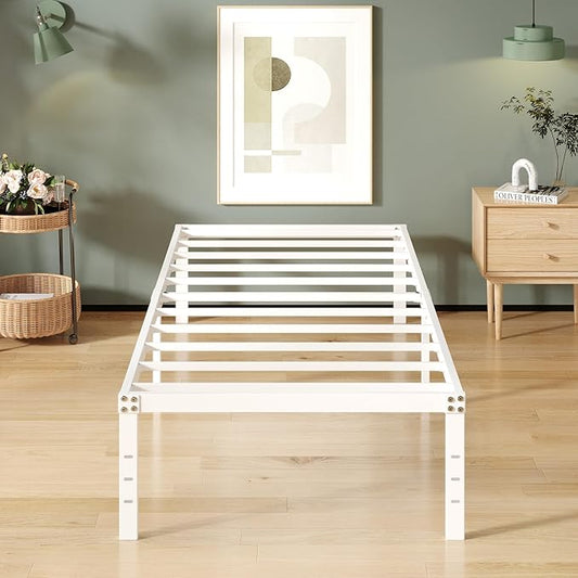 16 Inch White Twin Bed Frames No Box Spring Need, Metal Platform Bed Frame Twin Size Heavy Duty Mattress Foundation, Eassy Assembly 2,500 lbs Steel Slats Support