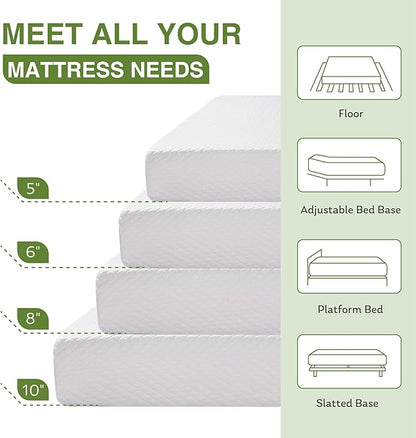 Full Size Memory Foam Mattress, 10 Inch Bed Mattress in a Box with Cooling Green Tea Gel, Relieve Pressure with Medium Support, CertiPUR-US Certified, 75''L x 54''W, White