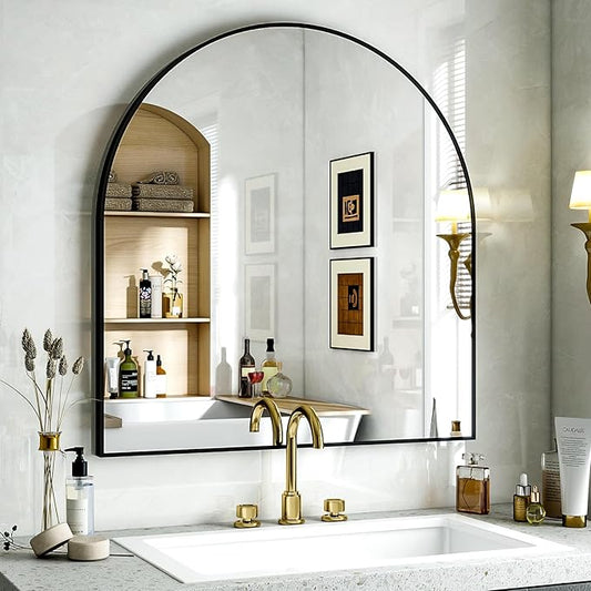 Arched Bathroom Mirror, 32x34 Inch - Wall Mounted Vanity Mirror with Aluminum Alloy Frame - Ideal for Living Room, Bedroom, Bathroom, and Entryway, Hanging or Leaning, Black