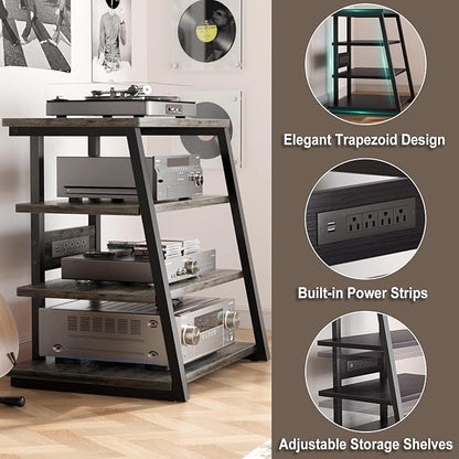 Armocity 4-Tier AV Media Stand with Power Strips, Stereo Stand with LED Lights, Rack Audio Tower with Adjustable Shelves, Small Entertainment Center, 30'', Grey Oak