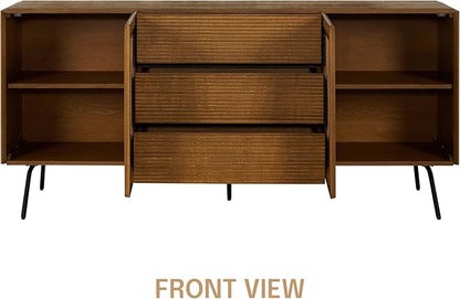 NTC MOSSIC Sideboard with 2 Doors and 3 Drawers, Buffet Cabinet with Natural Rattan and Metal Legs, Modern Storage Cabinet for Living Room, and Hallway, Effortless Assembly - Rustic Oak