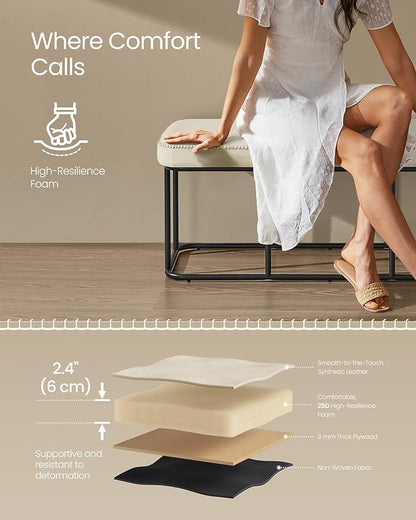 VASAGLE EKHO Collection - Storage Bench for Entryway, Ottoman Bench with Steel Frame, 43.3-Inch Wide, Synthetic Leather, Living Dining Room, Mid-Century Modern, Loads 660 lb, Cream White ULOM085W02