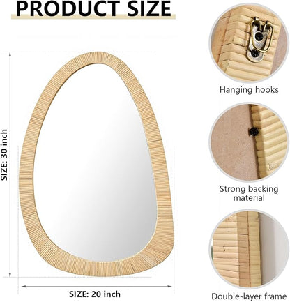 H HOMEWINS Rattan Mirror for Wall,30'' x 20" Wooden Framed Farmhouse Boho Wicker Coastal Irregular Vanity Mirror for Bathroom Living Room Entryway