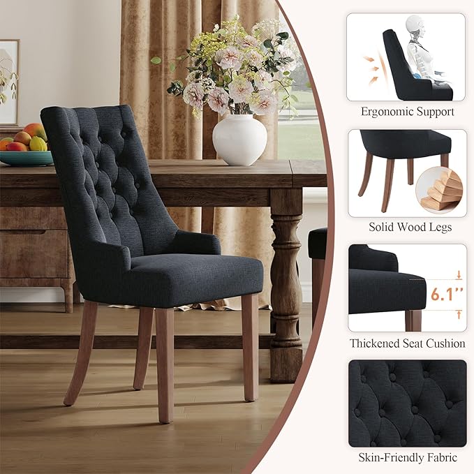 COLAMY Wingback Upholstered Side Dining Room Chairs Set of 6, Fabric Dining Chairs with Tufted Button, Living Room Chairs for Home Kitchen, Black