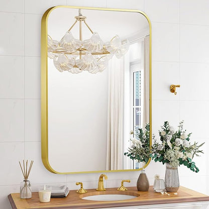 24x36 Inch Bathroom Mirror for Wall,Matte Gold Framed Rectangle Mirror with Rounded Corner,Aluminum Alloy Framed Brushed Wall Mirror for Bedroom or Living Room,Vertical or Horizontal