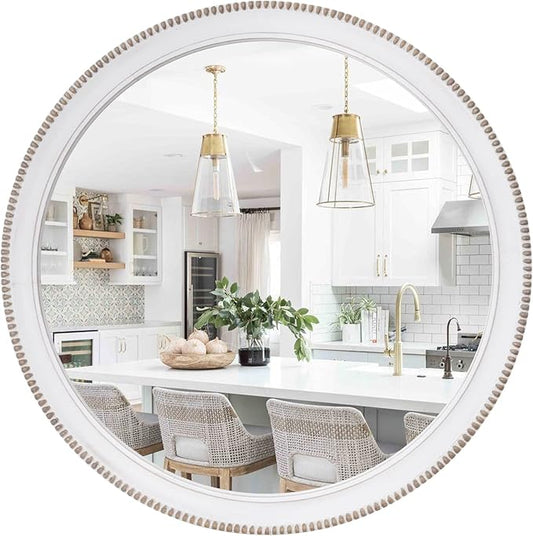 sawsile Wood Circle Mirror,Rustic Farmhouse Wall Mirror 24 inch Round Morden Decoration Wood Large Mirror White Accent Mirror for Bedroom,Living Room