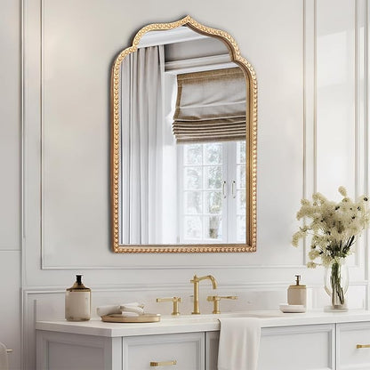 Gold Arch Mirror, 24"x36" Arched Vanity Mirrors for Bathroom, Metal Beaded Frame Ornate Decorative Mirror, Scalloped Vintage Mirrors for Fireplace Bedroom Living Room Hallway Entryway
