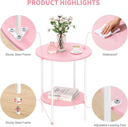 Side Table,Round End Table with 2 Storage Shelves| Compact Side Tables for Living Room, Couch, Office & Bedroom | Narrow Accent Table as Space-Saving Small Bedside Table 18x18x22in (Pink)
