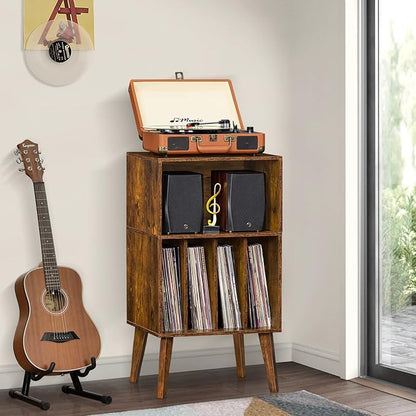 Lerliuo Record Player Stand, Brown Turntable Stand Holds up to 160 Albums, Mid-Century Vinyl Storage Cabinet Table with Solid Wood Legs, Record Player Holder Dispaly Shelf for Bedroom Living Room