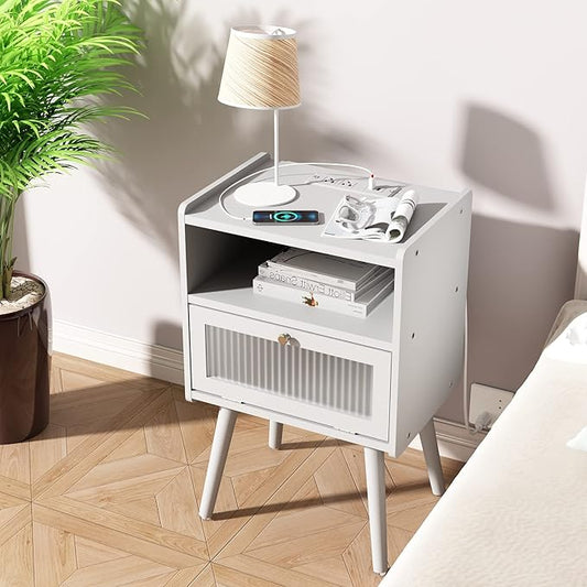 Mid Century Modern Nightstand with Charging Station, Bedside Tables with Glass Decorative Door, End Table Side Table with 2 Tiers Storage Space, for Bedroom, Living Room, White