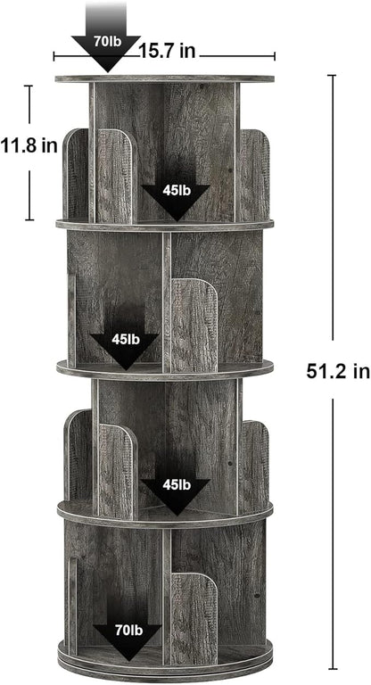 Aheaplus Rotating Bookshelf, 360 Display Corner Bookshelf for Small Space, 4 Tier Floor Standing Bookcase Storage Rack, Wood Narrow Book Shelf Organizer for Bedroom, Living Room, Study Room, Grey Oak