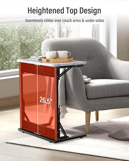 Tatub 24" Folding TV Tray Table, Marble C Shaped End Table for Couch, Small Sofa-Side Laptop Desk with Black Metal Frame for Living Room, Bedroom, Bedside